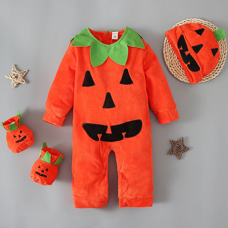 Children\'s European and American spring and autumn boys and girls long-sleeved Halloween pumpkin romper + hat three-piece ch