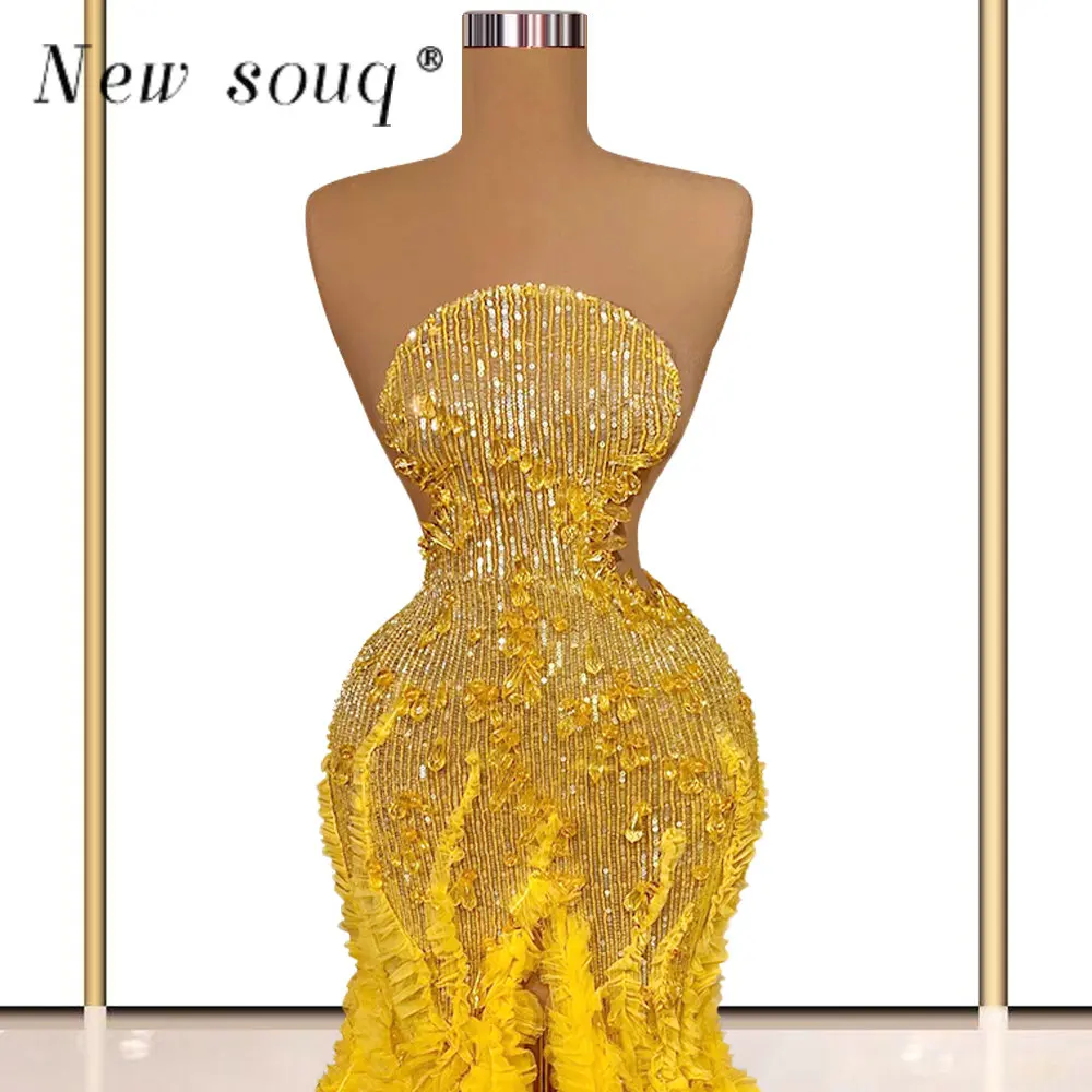 Gorgeous Yellow Long Strapless Mermaid Evening Dresses with Long Train Ruffles High Side Slit Crystals Wedding Party Gowns