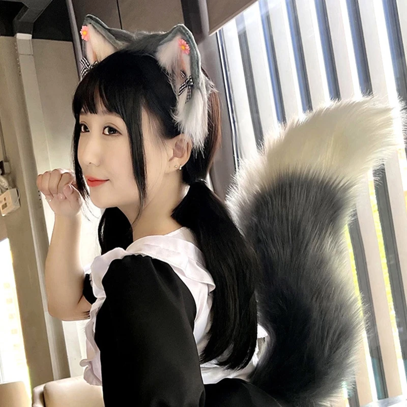 Fox Ears and Tail Set,Furry Cat Ears Headband with Tail,Kitten Anime Fox Ears,Halloween Cosplay Party Fox Costumes