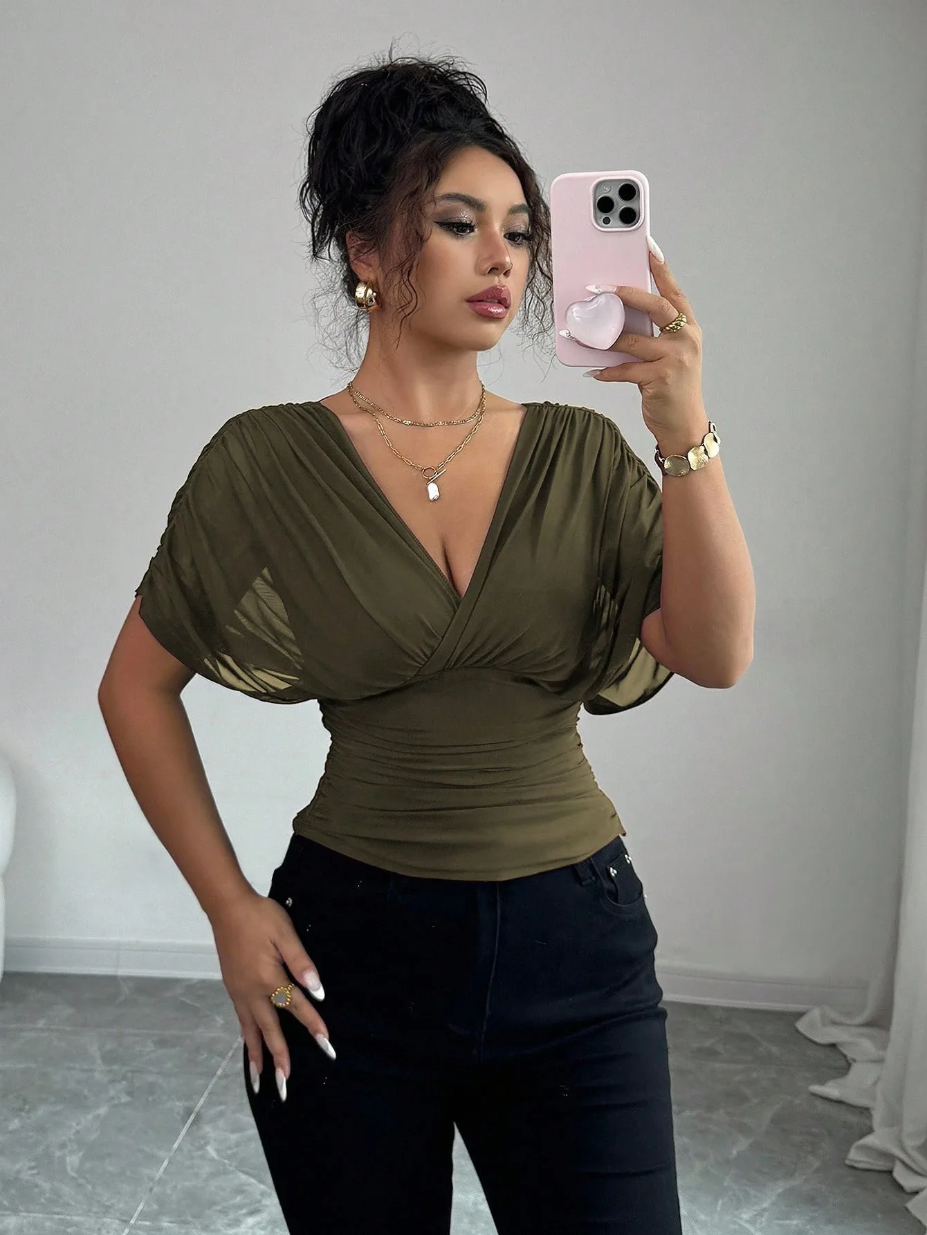 

Women's 2026 Summer Deep V Neck Ruched Blouse Short Sleeve Backless Lace Up Tie Top Sexy Slim Fit Party Casual Tops