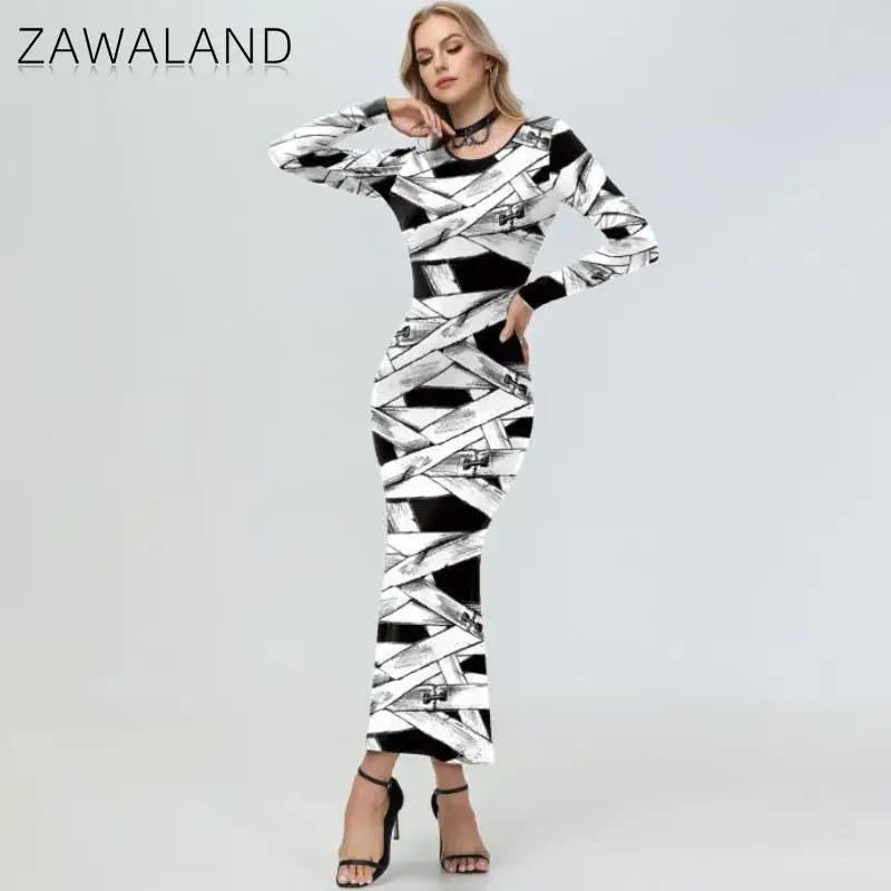 

Zawaland Halloween Mummy Slim Cosplay Costume Dresses Woman Medieval 3D Printing Witch Vampire Long Sleeve Clothing Dress