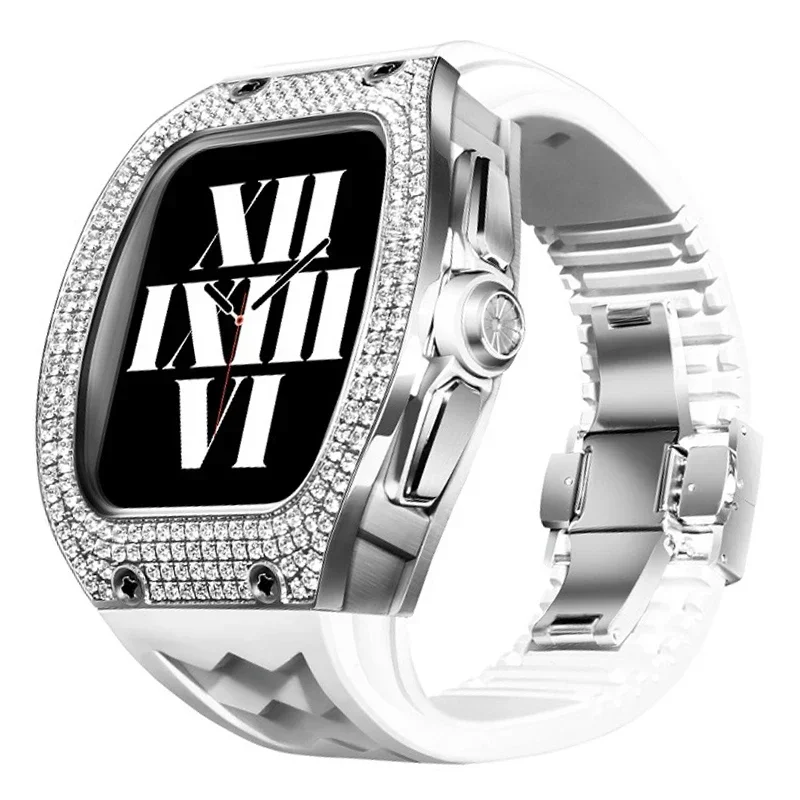 Luksusowy diamentowy zestaw do modyfikacji zegarka Apple 45MM 44MM tytanowy Bazel dla Iwatch serii 9 8 7 6 5 SE Fluororubber pasek