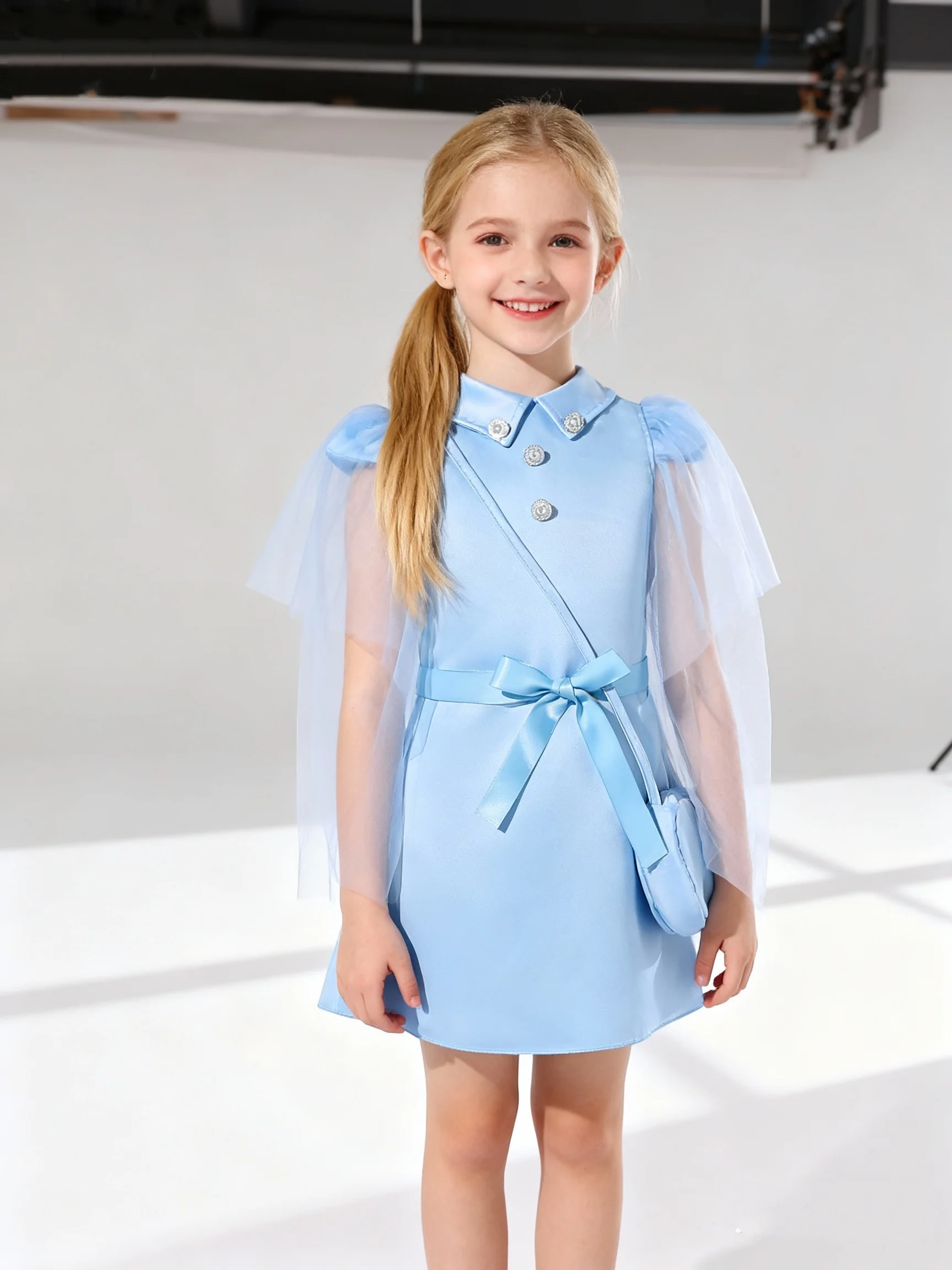 Sommer Neue Mädchen Kragen Mesh Spleißen Ärmel Einfarbig Kleid Elegante Abend Leistung Kleid