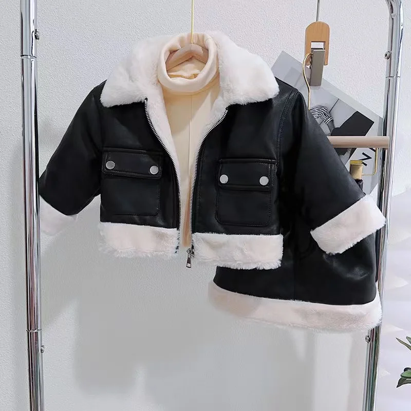 Girls' Plush Splicing Leather Suit 2024 Winter New Baby Girls Lapel Plus Fleece Coat Leather Skirt Two-piece Set 90-140cm