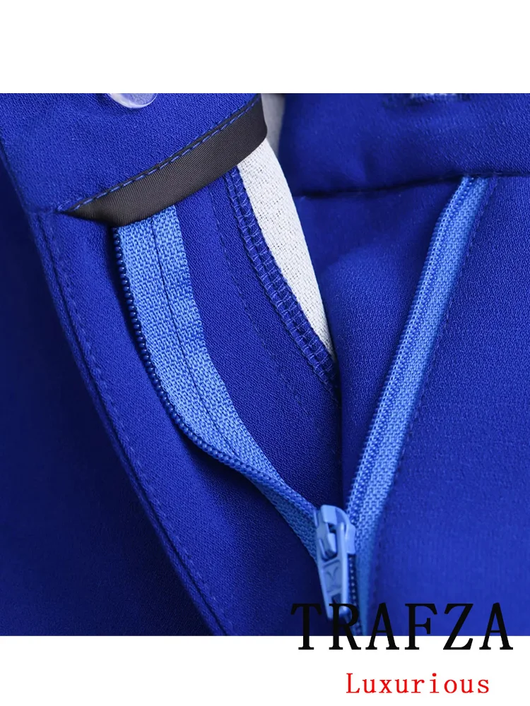 TRAFZA Vintage Chic Blue Solid Women Suit Single Button tasche Blazer pantaloni larghi dritti New Fashion 2024 Office Lady Sets