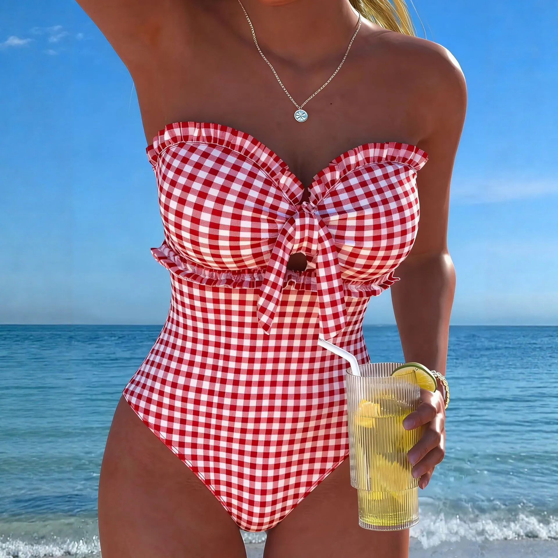 2026 Strappy Swimsuit One Piece Sexy Striped Ruffle Swimwear Women Bathers Bathing Swimming Swim Suit Padded Beachwear Summer view 6