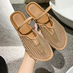 Nude Color Fishnet Mule Slides donna Luxury strass Mesh sandali piatti Ladies Summer Casual Net Shoes Plus Size