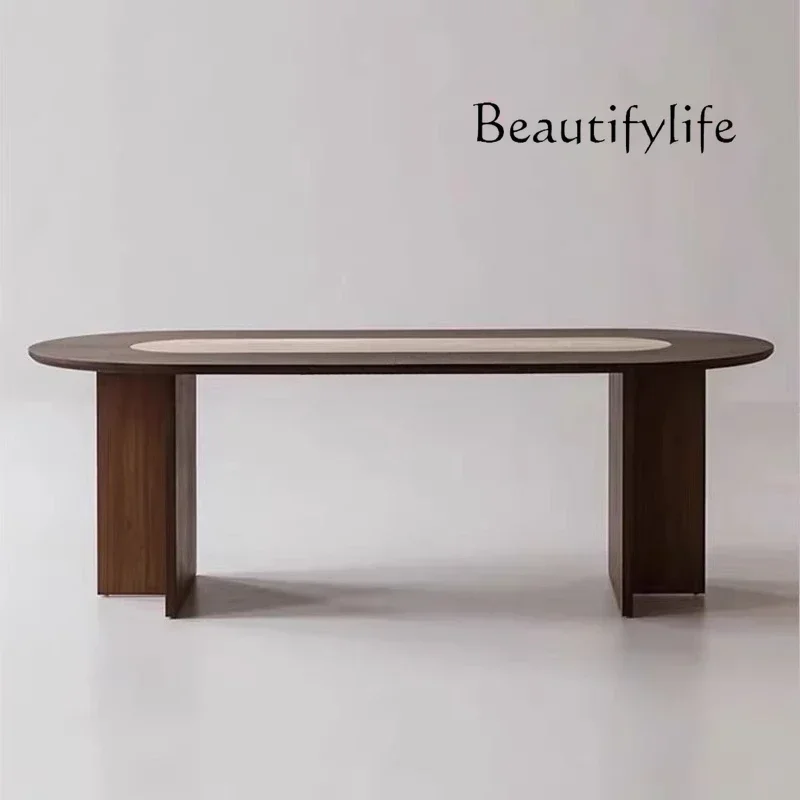 Wind tunnel stone slate dining table French retro solid wood medium ancient ash wood oval designer dining table and chairs