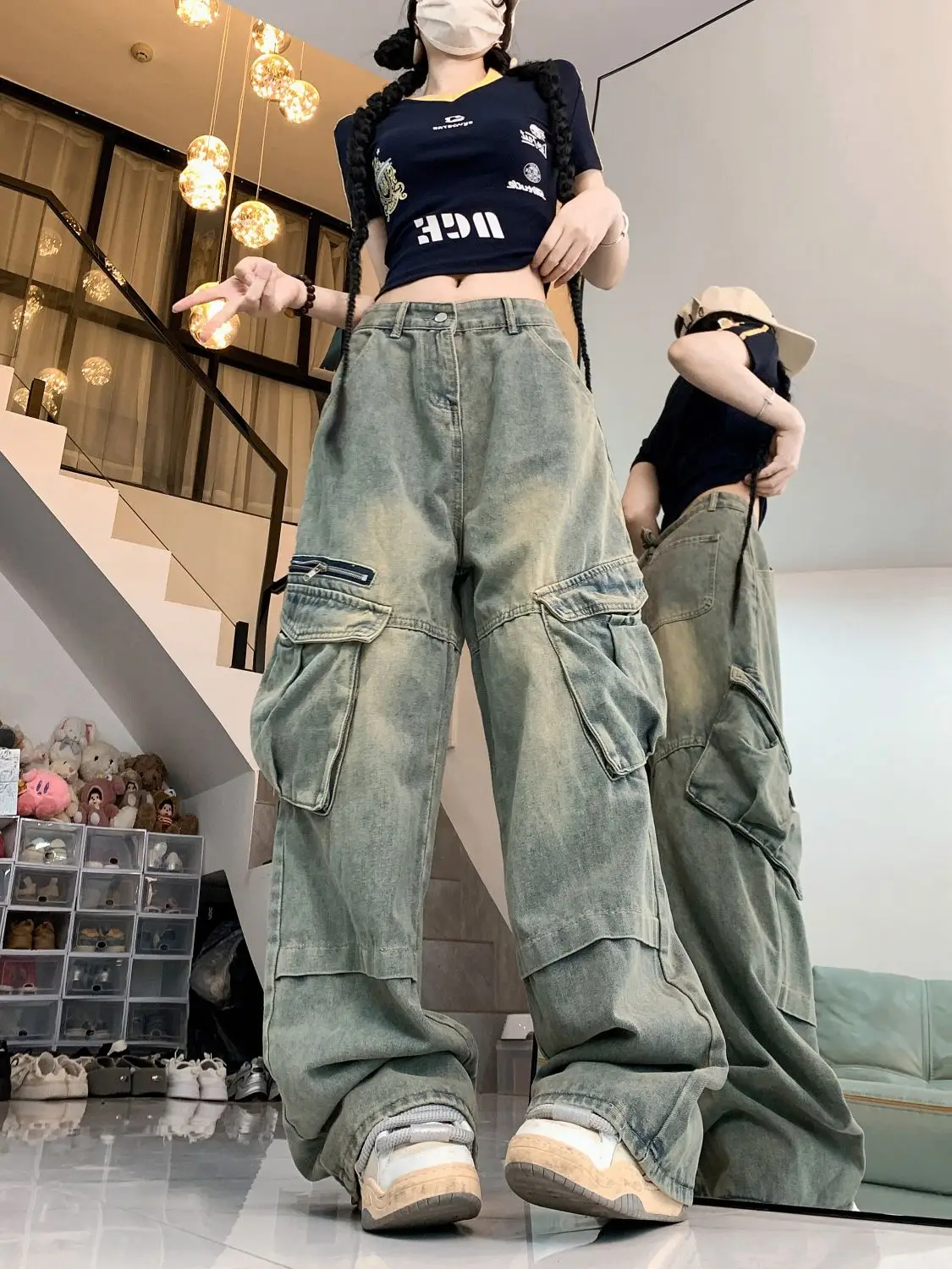

Women's Loose Wide-Leg Blue Casual Denim Jeans Cargo Baggy Y2K Harajuku High Street Aesthetic Loose Fit Trousers for Casual Wear