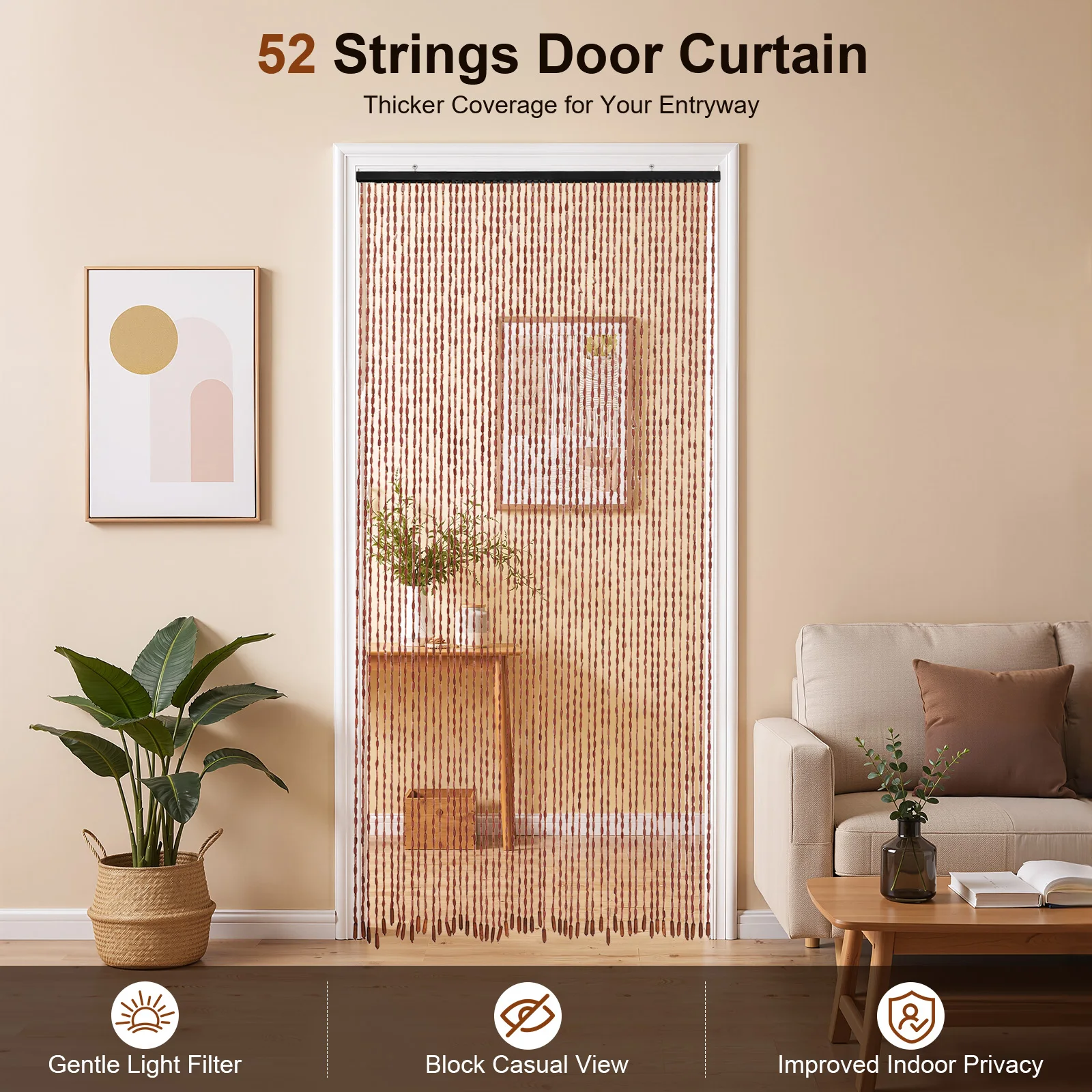 52 Strings Bamboo Wood Beaded Curtain, 200*90cm Wooden Doorway Curtain, Bamboo Slat Door Screen for Home Doorways, Wardrobes, Windows