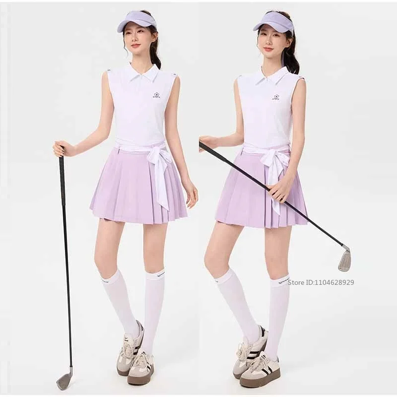 Niefle Zipper Polo Collar Golf Tank Tops Sleeveless Quick-Dry T-shirt High-end Lace Pleated Skirt Golf Tennis Skirt with Short