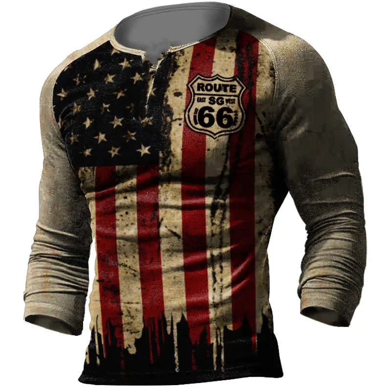 Camiseta Vintage de algodón para hombre, camisa de manga larga con estampado 3D gráfico de letras de la Ruta 66 de EE. UU., ropa holgada de gran tamaño para otoño