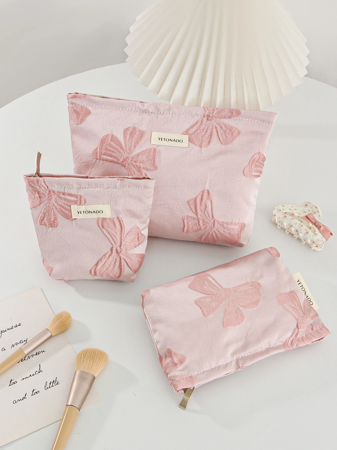 1Pc Pink Bow knot Multi-functional Large Capacity Cosmetic Organizer Handbag Storage Bag
