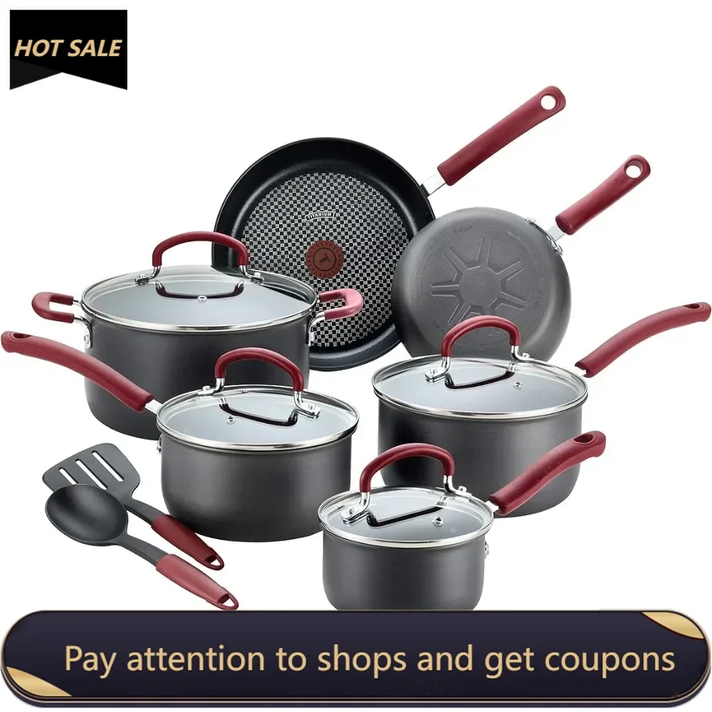 Ultimate Hard Anodized Nonstick Cookware Set 12 Piece Oven Broiler Safe 600F Pots and Pans, Dishwasher Safe Black Freight free