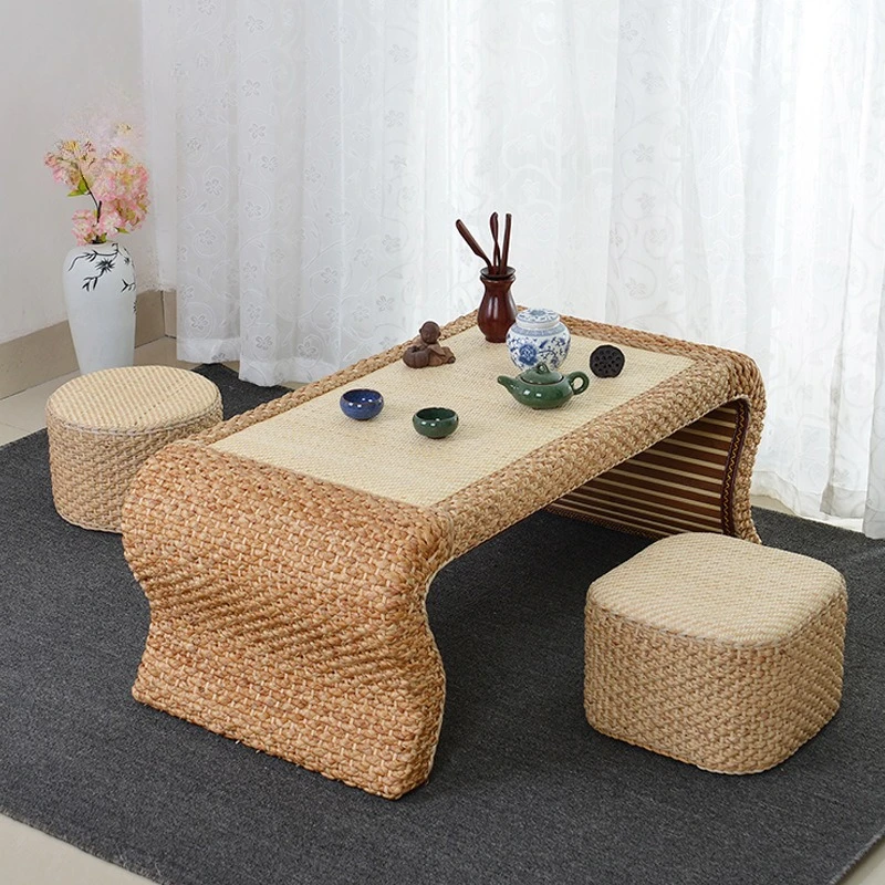 Handwoven Rattan Tea Table Japanese Tatami Floor Desk for Balcony Zen Style Low Coffee Table Minimalist Window Side Tables