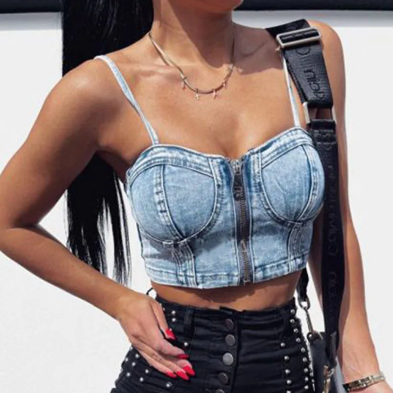 

2024 Spring/Summer New Fashion niche denim top small vest sexy zipper off shoulder strap bra top exposed navel vest for women