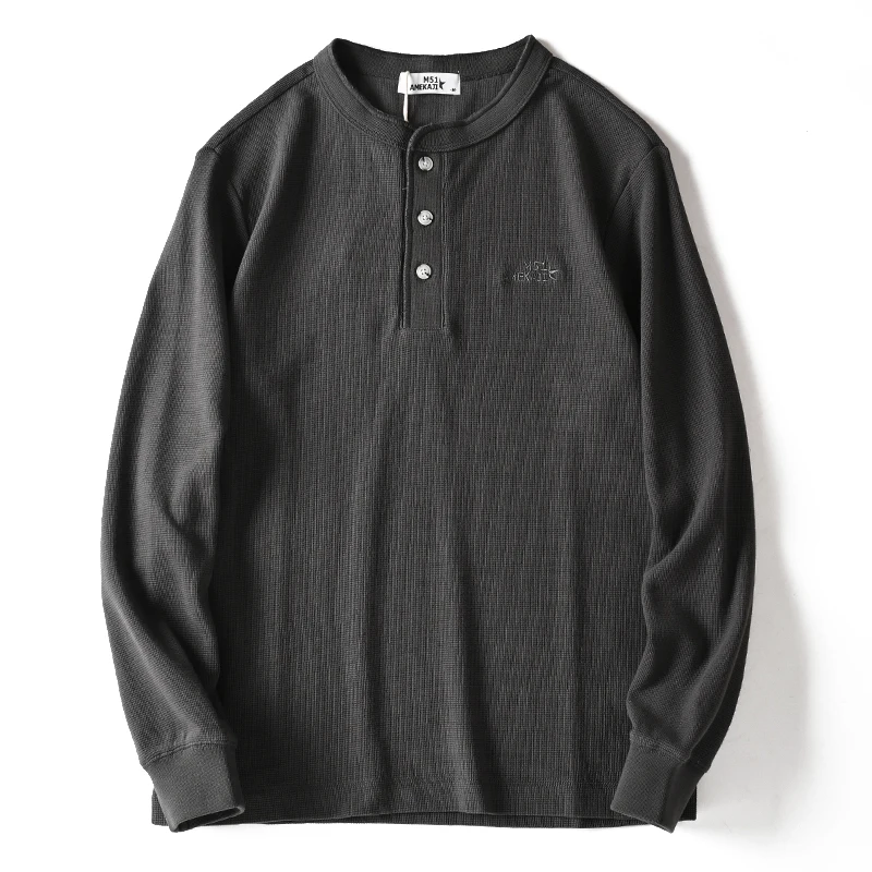 

Slim Fit Henry irt American Retro Heavyweight Wfle Long Sve T-irt Original Tail Single Color Versatile Men's Sweatirt
