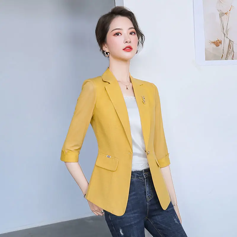 Thin Spring Summer Office Lady Fashion Notched Business Casual Pocket Solid Skinny Simple Three Quarter Sleeve Women\'s Clothing