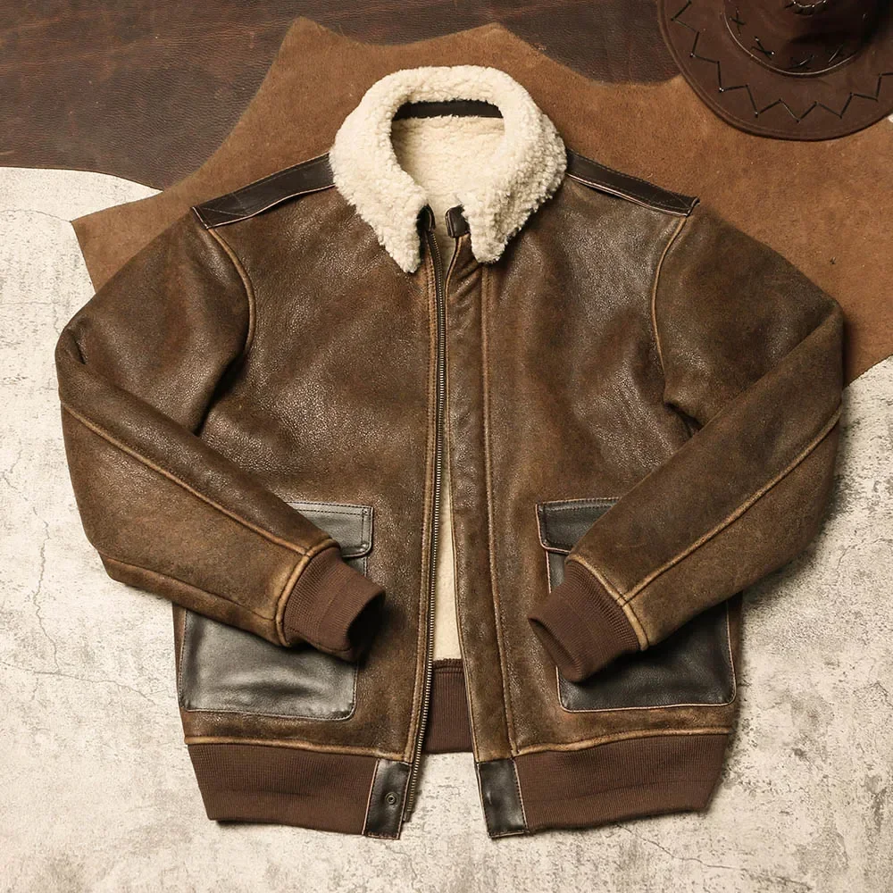

American Retro A2 Jacket with Cracked Sheepskin and Fur Integrated Leather Jacket, Warm Fur Flight Suit for Autumn and Winter