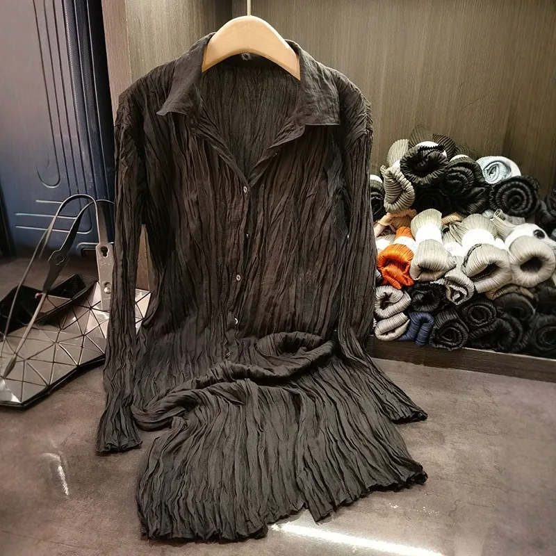 Miyake-vestido plisado para mujer, vestido camisero de Color sólido con pliegues de sentido para personas mayores, falda de longitud media plisada con solapa fina de verano 2025
