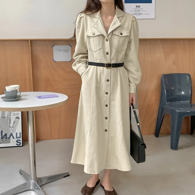 Women Autumn Elegant Long Corduroy Shirt Dress with Belt 2022 Female Full Sleeved Single Breasted Slim Waist A-line Midi Dresses