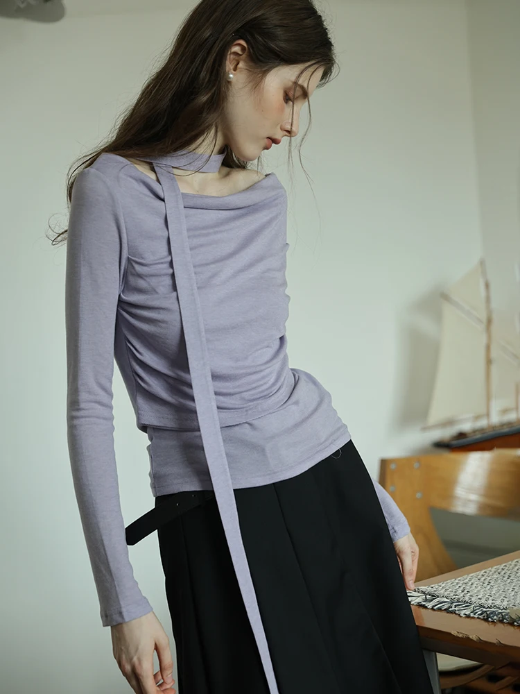 

Женская футболка с длинным рукавом на одно плечо, весенний дизайн, приталенная, с завышенной талией, с воротником-стойкой, базовая модель