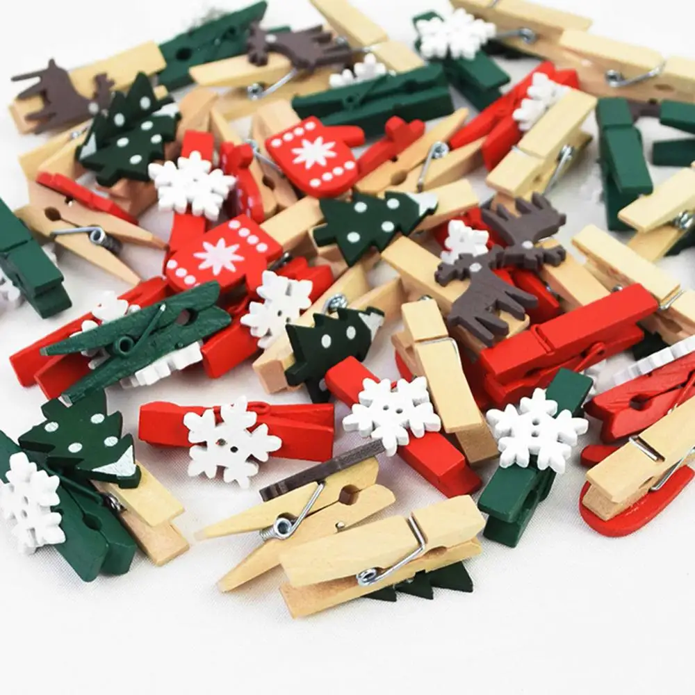 Wood Mini 10Pcs Christmas Tree Snowflake Glove Elk Photo Clip Clothespin Decor Peg For New Year Xmas Party Decor