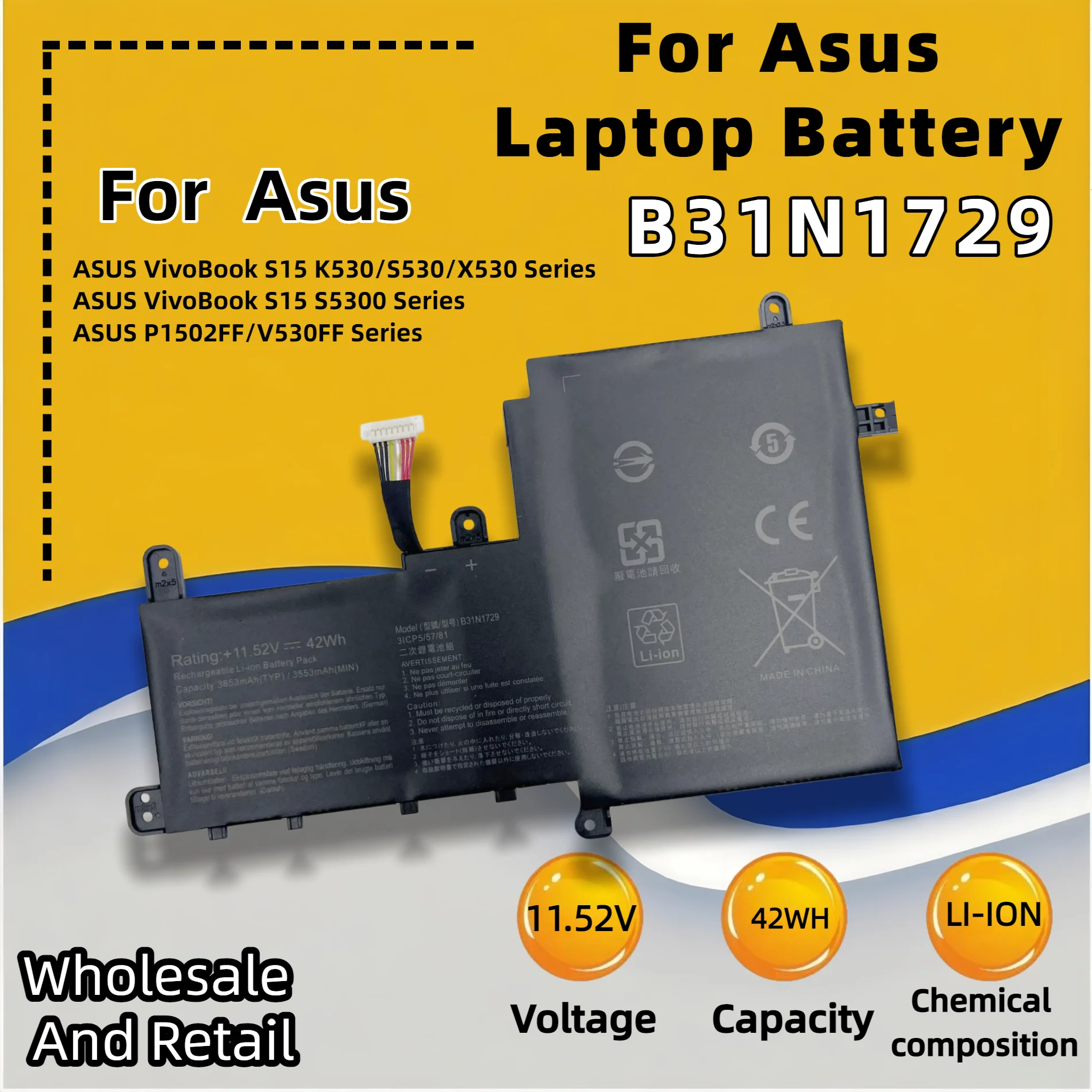 FRLESUI B31N1729 Replacement High‑Quality Grade‑A Cells Slim Notebook Battery 42Wh For Asus VivoBook S15 0B200‑02920000 Li‑ion