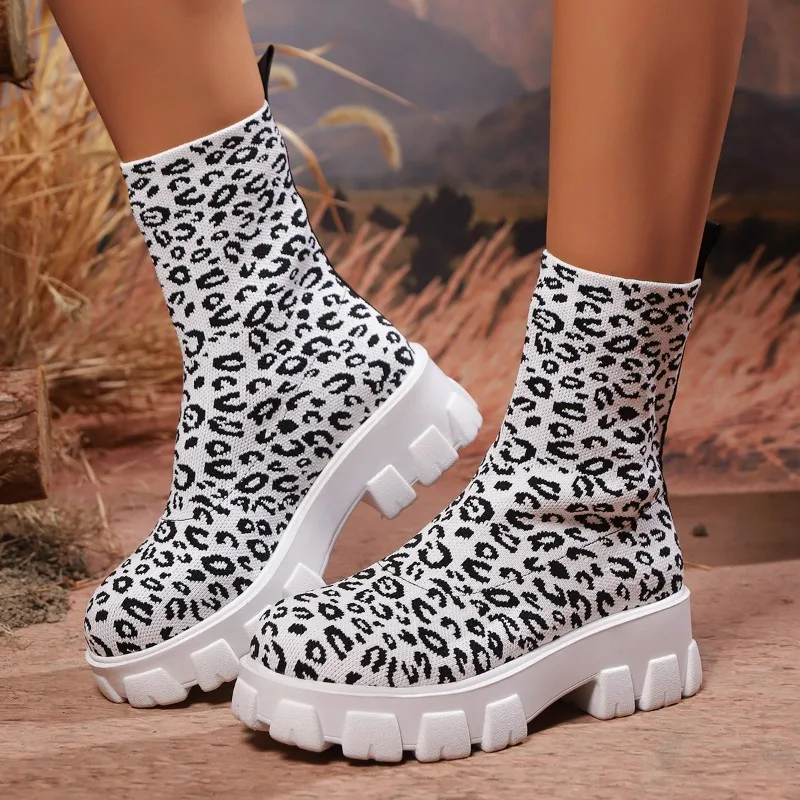 Leopard Print Women\'s Sock Boots 2025 New Knitted Elastic Fabric Ankle Boots Fashionable Plus Size Short Tube Women\'s Boots 43