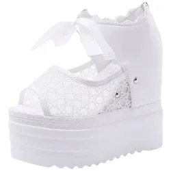 2025 Internal Increase Platform Sandals White Shoes Wedges Shoes for Women Sandals Super High Heels Summer Solid Cutout Shoes