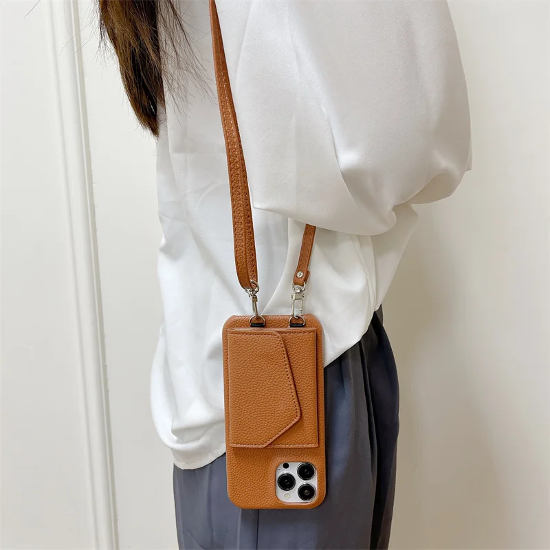 Trendy Crossbody Lanyard Leather Wallet Case for iPhone 18 17 18Pro 16 15 17Pro 14 13 Pro Max 12 16Pro Makeup Mirror Phone Bag