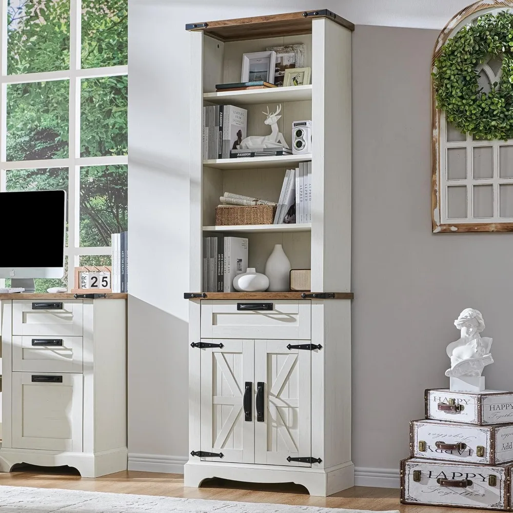 Bookshelf with Storage Cabinet, 72" Tall Farmhouse Bookcase with Adjustable Shelves and Barn Door, for Office Library，Bookcases