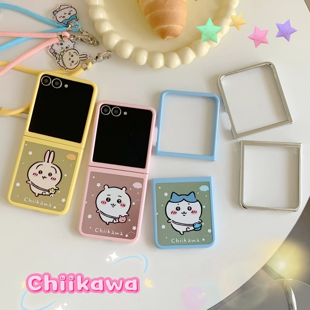 Cute Cartoon Chiikawa Usagi Hachiware Phone Case For Samsung Galaxy Z Flip 7 6 5 Candy Color Hard TPU Back Cover  With Lanyard