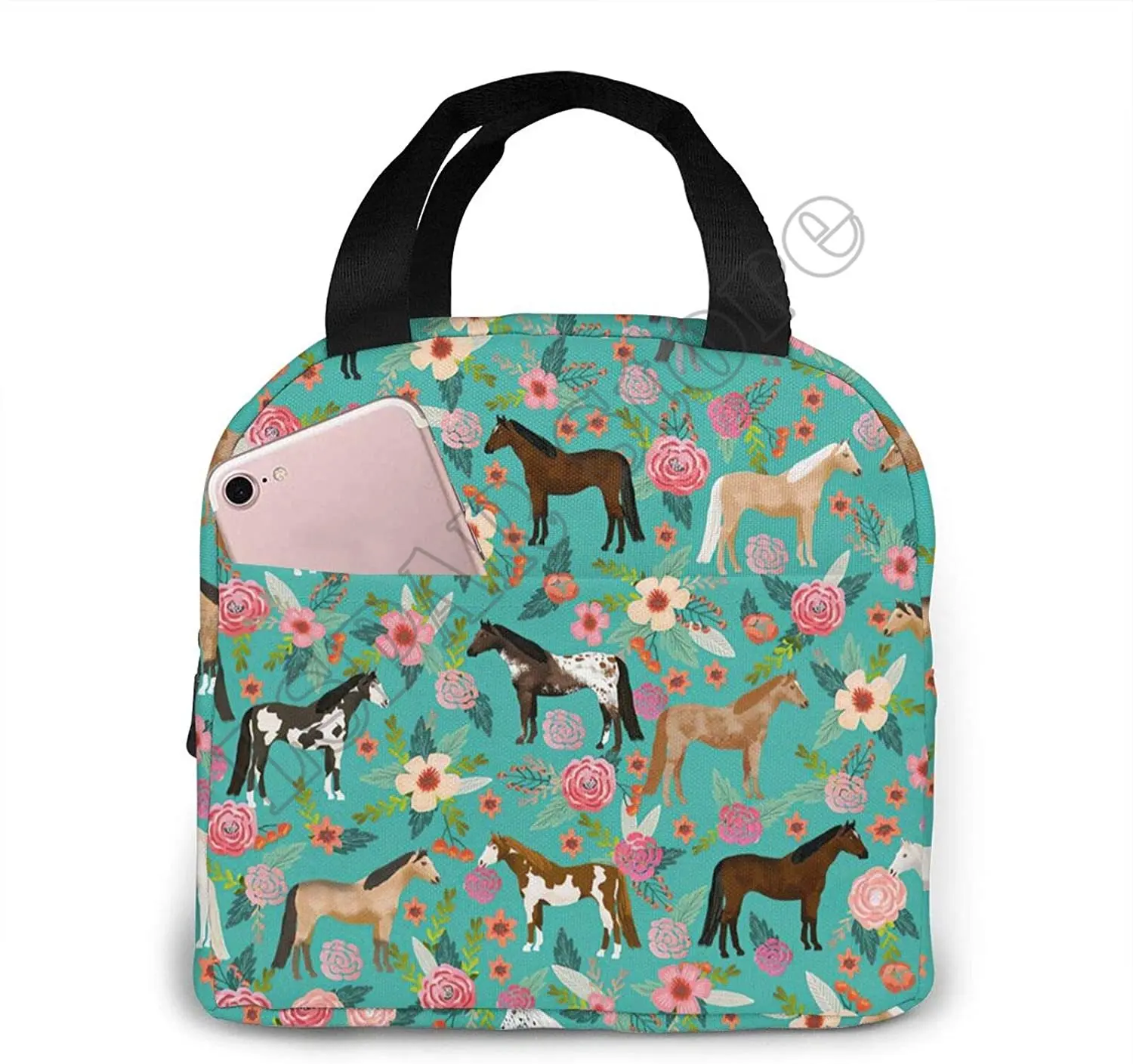 Horses And Flowers Lunch Bag Insulated Water-Resistant Tote Bag Reusable Lunch Box For Picnic Travel