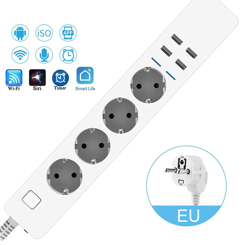 WIFI Smart Power Strip with 4 AC Outlets + 4 USB EU Plug Timer Switch Socket APP Voice Control Multifunctional Socket