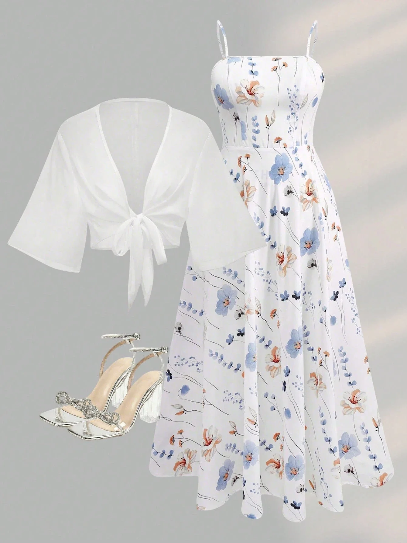 

2 Pieces Women's Floral Chiffon Dress Elegant Romantic Date Outfit Spring Summer