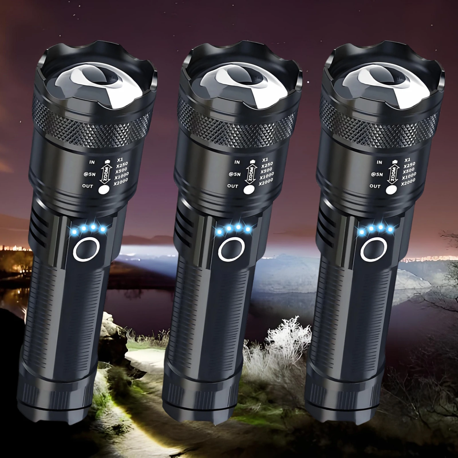 AODTOSIP New 3PC High Power Rechargable Led Flashlight 5 Lighting Mode Handheld Power Display Zoomable Tactical Torch