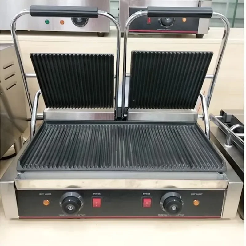 Factory direct electric dismountable poil collector double plate panini grill for hamburger sandwich