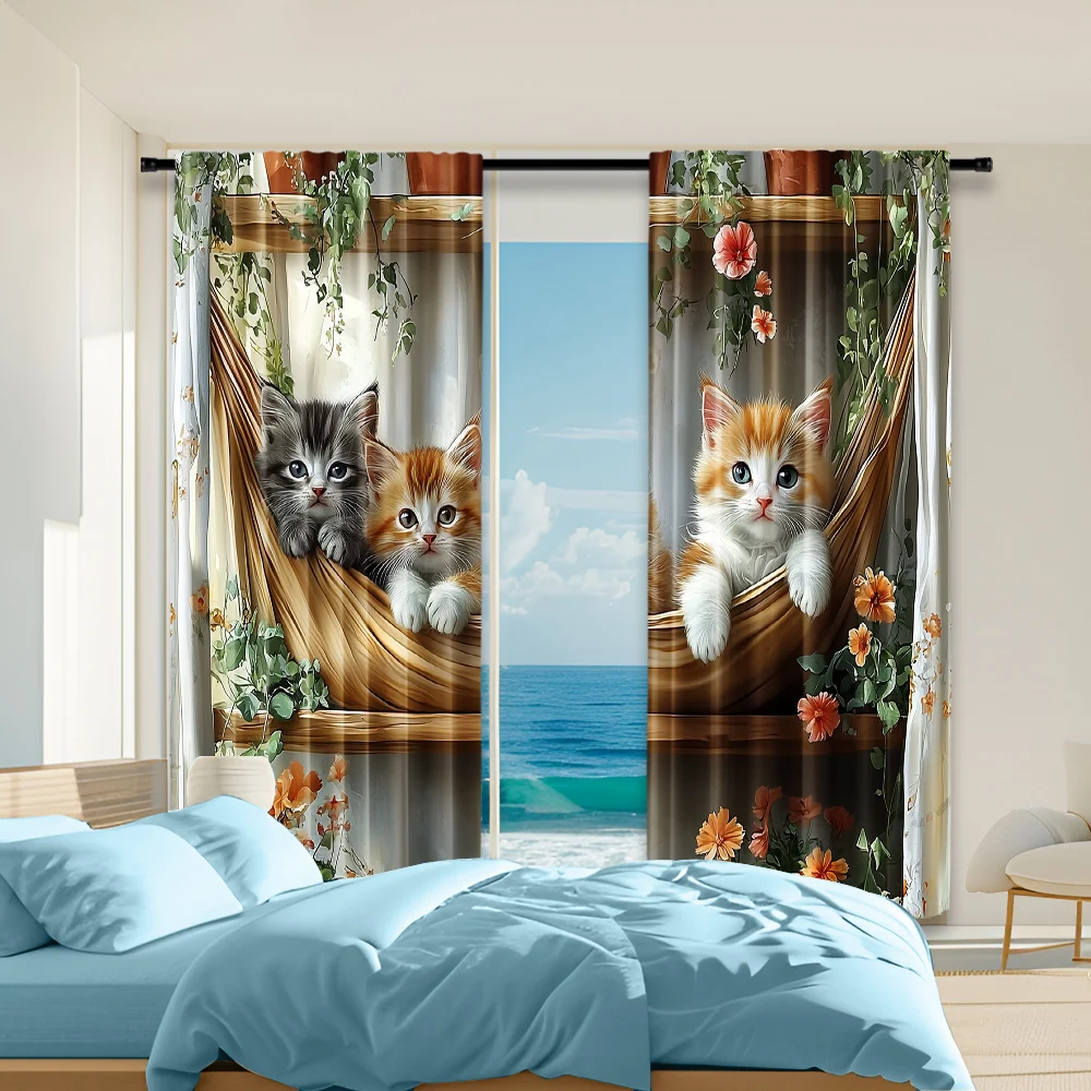 2 pcs, versatile polyester transparent curtains for home decoration Fun Animal Cat for use in bedrooms and living rooms