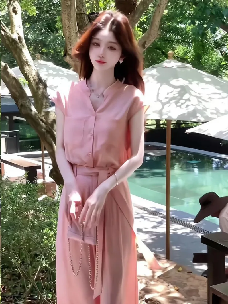 Nuevo conjunto elegante de dos piezas de verano para mujer, moda coreana, camisa de manga corta para oficina, Top + pantalones de pierna ancha de cintura, traje rosa