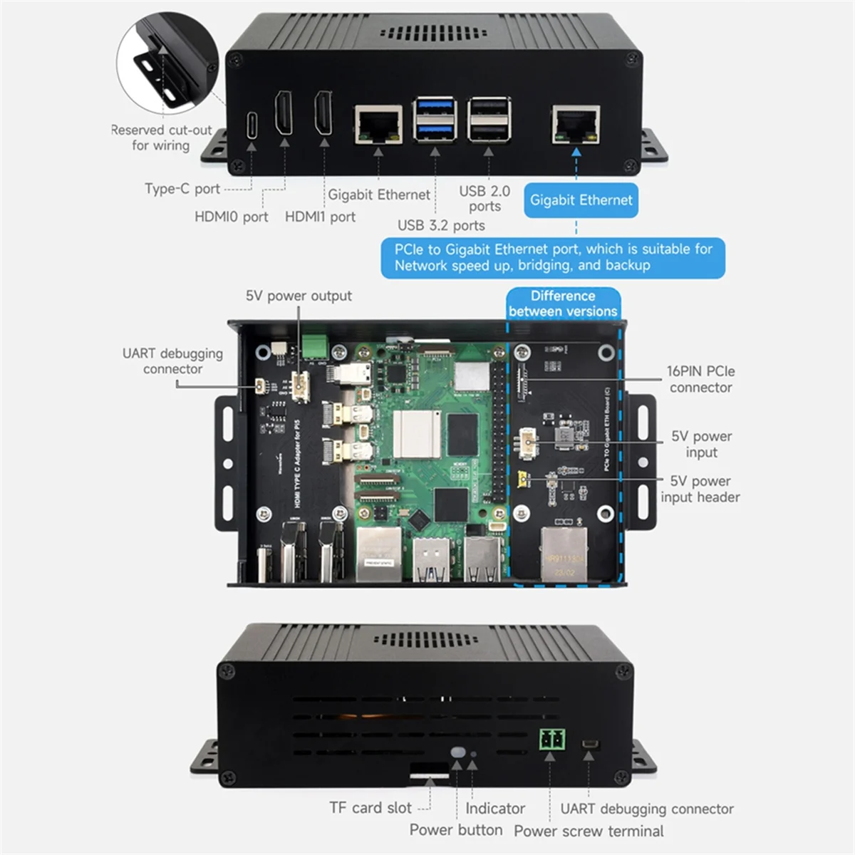 AT87-Kit Komputer Mini All-In-One Multifungsi Dirancang untuk Raspberry Pi 5, Casing Aloi Aluminium untuk Adaptor PCIe A