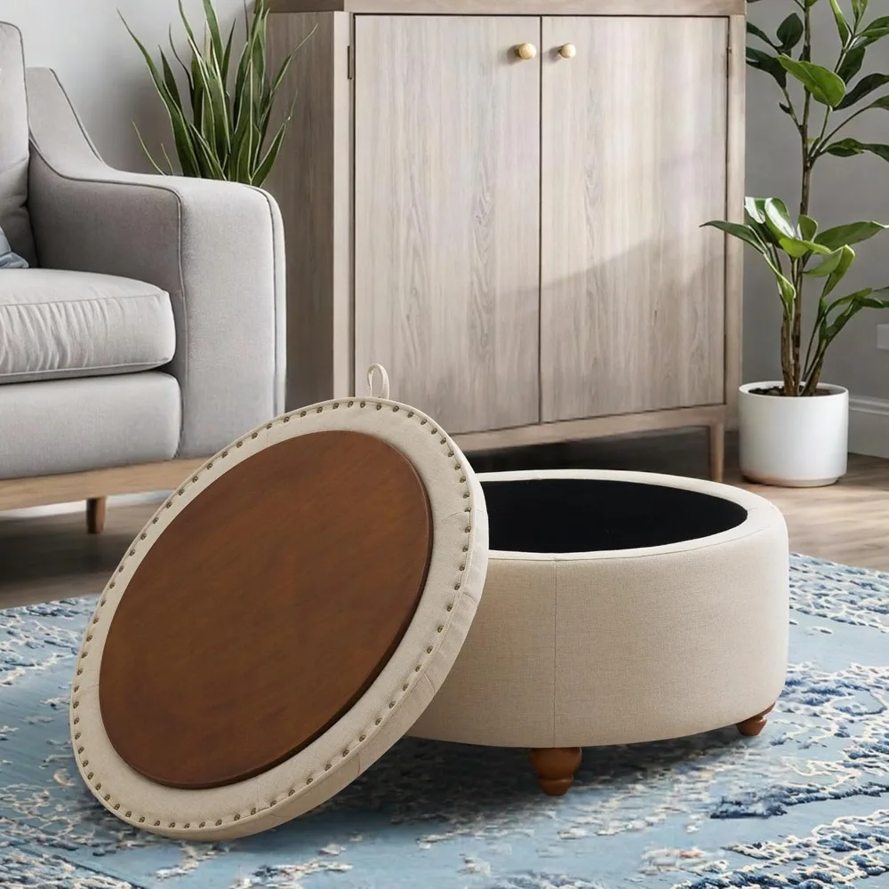 طاولة قهوة عثمانية مستديرة للتخزين مع سطح منجد وصينية قلابة وأرجل خشبية لمساحات المعيشة وغرف النوم #6