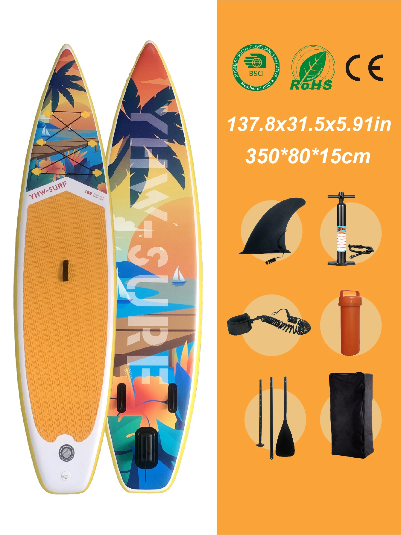 Deska SUP, nadmuchiwana deska do wiosłowania stojącym, rozmiar 320 cm, kompletny zestaw akcesoriów, pompka ręczna, wiosło, plecak, linka bezpieczeństwa, odłączana płetwa i tuba naprawcza