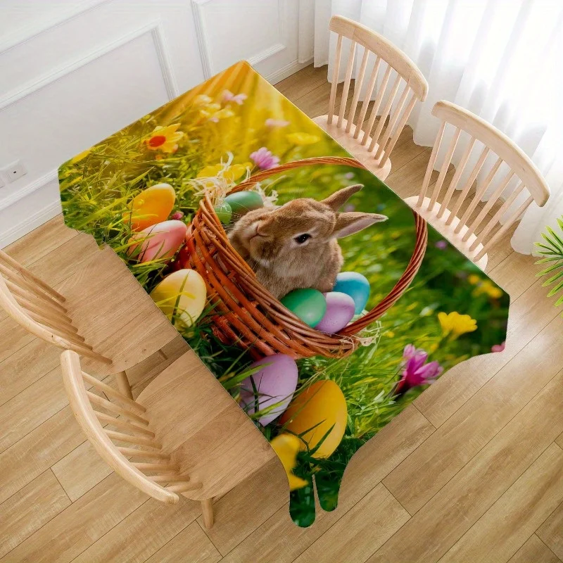 1PC Easter Bunny & Egg Tablecloth - Polyester, Rectangular, Perfect for Holiday Parties & Home Decor