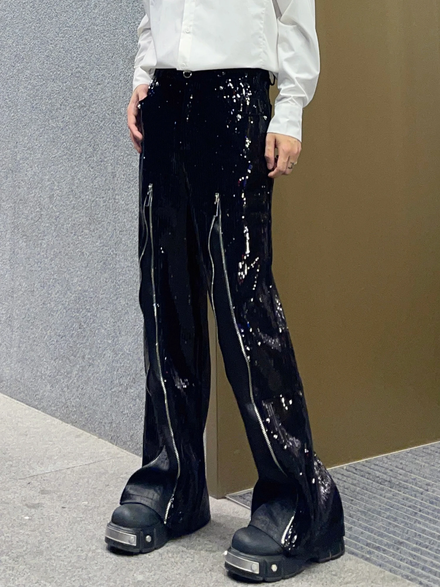 Fashion Men's Suit Pants 2025 Summer New Sequin Zipper Design Trend Loose Versatile Long Pants Male Blingbling Stylish Trousers