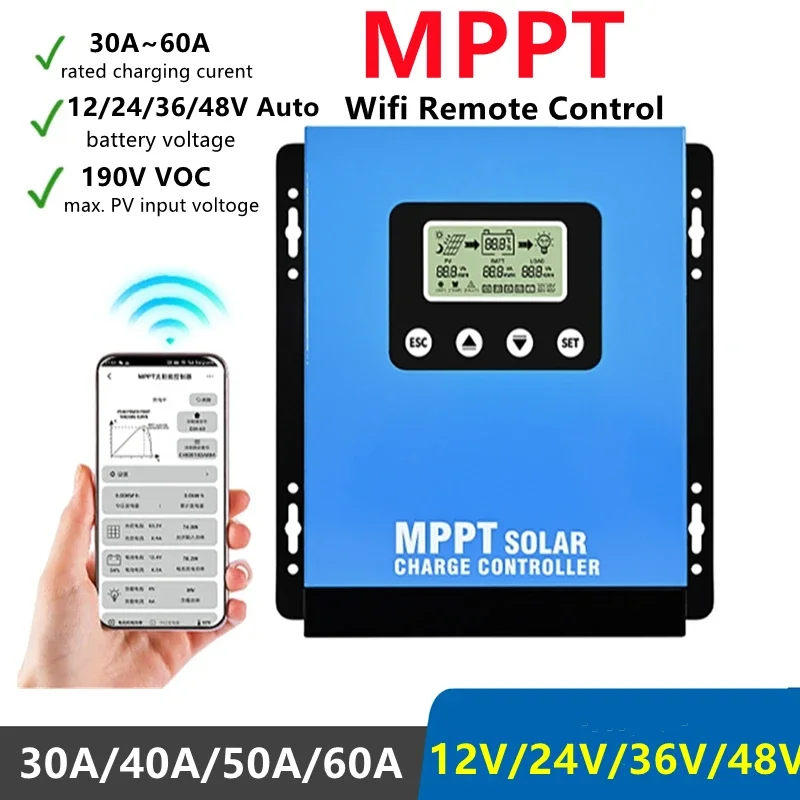 

30A 40A 50A 60A MPPT Solar Charge Controller 12/24/36/48V Auto WiFi Solar Panel Regulator RV Home Energy Storage Control System