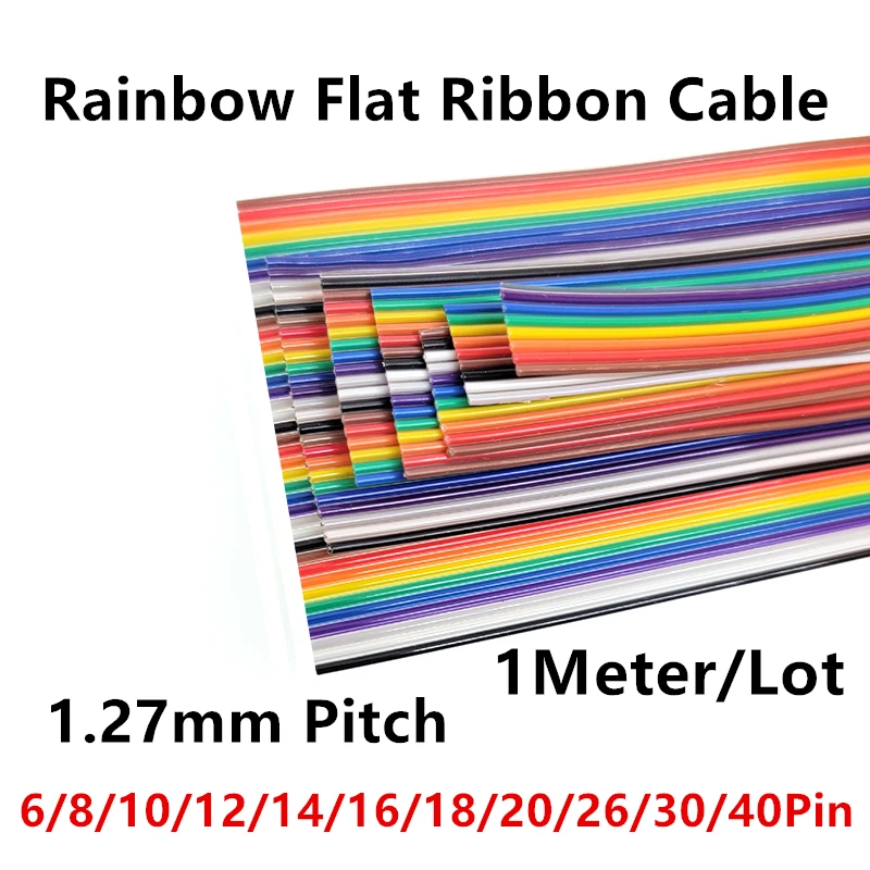 1Meter 1.27mm Pitch 6/8/10/12/14/16/18/20/26/30/40 Pin Rainbow Flat Ribbon Cable DuPont Wire 28AWG For 2.54mm IDC Connector