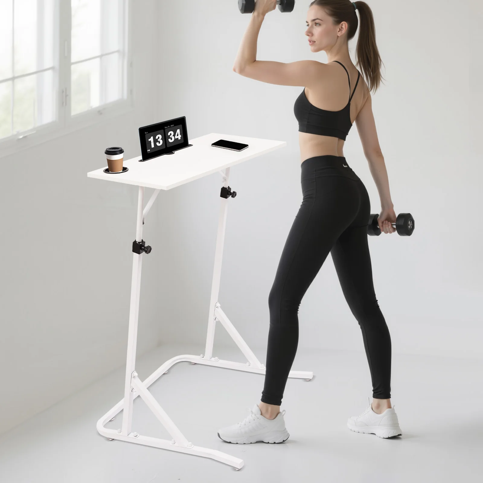 

Adjustable Bike Trainer Desk White Used as a Fitness Upright Computer Desk Office Desk Writing Desk Computer Work Desk