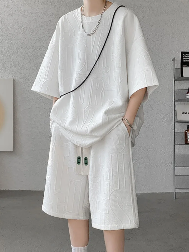 

Повседневный свободный мужской комплект футболок с коротким рукавом, креативная вышивка букв, модная летняя спортивная одежда для подростков, дышащая.