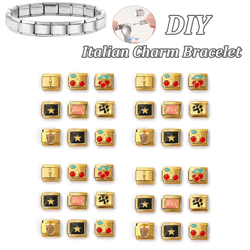 2pcs Stainless Steel Italian Charm Links For DIY Bracelet Jewelry Making Gold Color Rectangle Cherry Fruit Star Findings 10x9mm